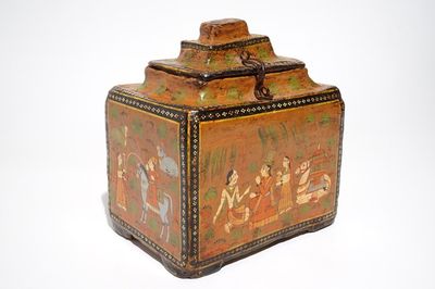 A polychrome painted papier mache storage box and cover, prob. India, 19th C.