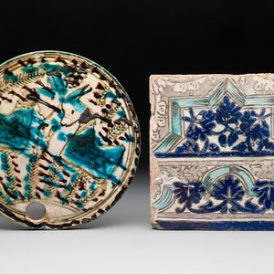 A polychrome Qajar beehive-cover and a tile with floral design, Iran, 18th C. — photo 1