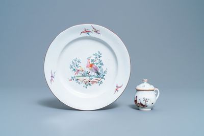 A polychrome Tournai porcelain plate and a cream bowl and cover with birds, 18th C.