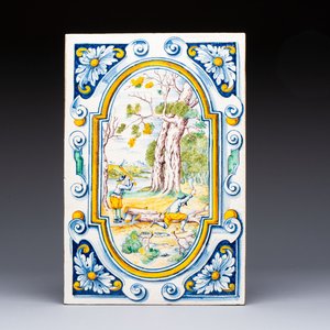 A polychrome Winterthur faience stovetop tile with a pastoral scene, Switzerland, 17th C. — 照片 1