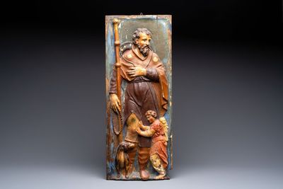A polychromed carved wooden high relief depicting Saint Roch, probably Spain, 17th C.