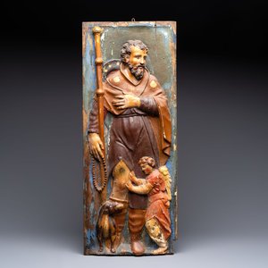 A polychromed carved wooden high relief depicting Saint Roch, probably Spain, 17th C. — photo 1