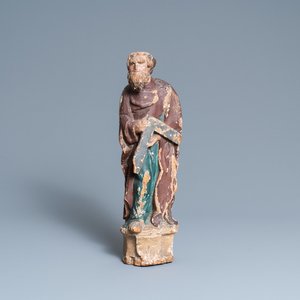 A polychromed oak figure of Saint Thomas on an armorial base, Normandy, France, ca. 1510 — 照片 1