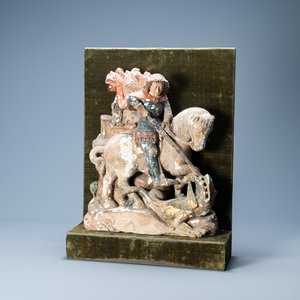 A polychromed stone group of Saint George slaying the dragon, probably Germany, 15th C. — 照片 1