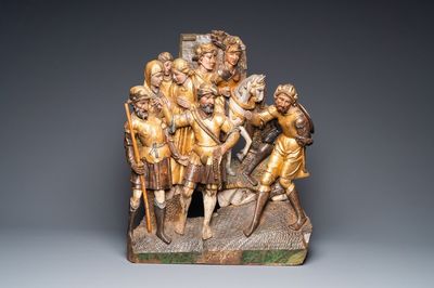 A polychromed walnut wood retable fragment depicting soldiers, Spain, 1st half 16th C.