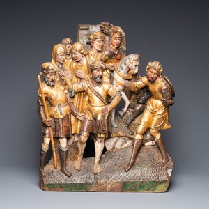 A polychromed walnut wood retable fragment depicting soldiers, Spain, 1st half 16th C. — 照片 1