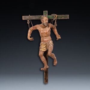 A polychromed wooden figure of the crucified Saint Dismas or 'The penitent thief', Spain, 16th C. — 照片 1