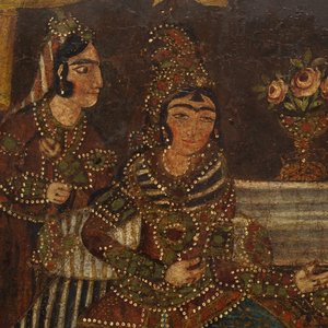 A Qajar arch-shaped oil on canvas: Zulaikha's servants cutting their hands as Yusuf appears, Qajar, 19th C. — 照片 3