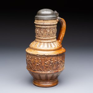A Raeren stoneware 'Peasants Dance' jug with a mounted pewter lid, dated 1587 — foto 1