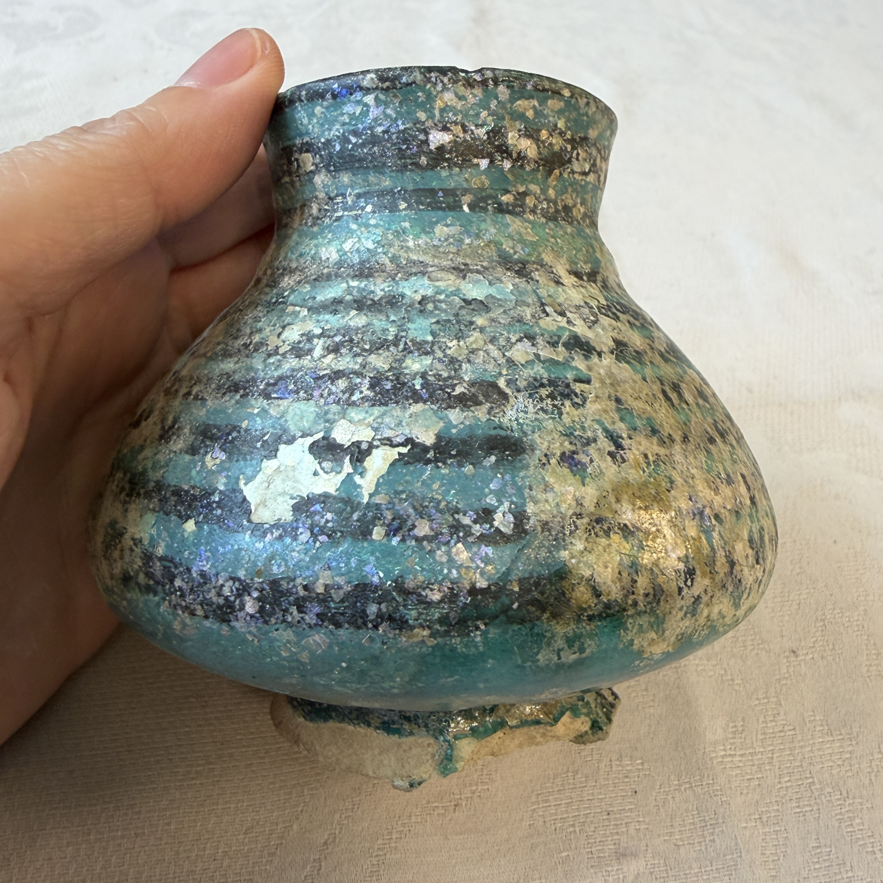 A Raqqa turquoise and black pottery jar with horizontal stripes — photo 3