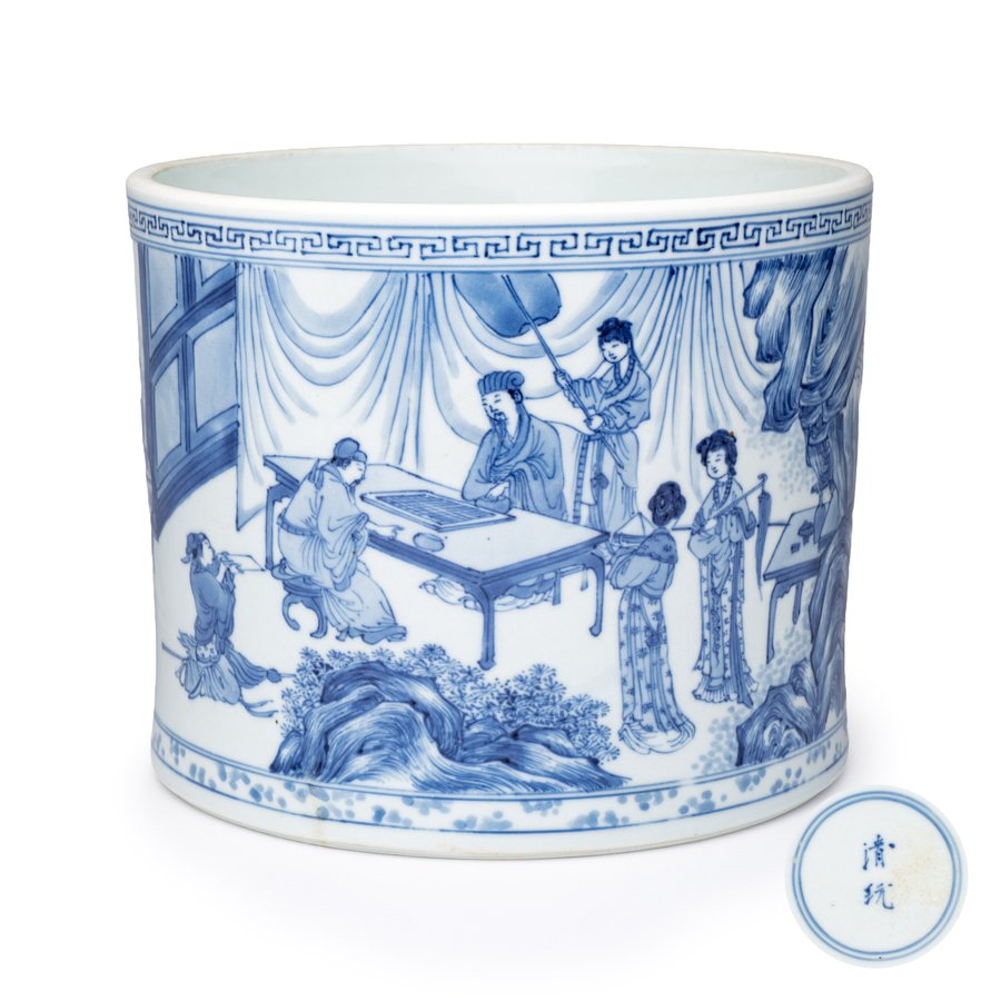 A rare and fine Chinese blue and white 'Xie An at the Battle of the Fei River' brushpot (Bitong) , Qing Wan 清玩 mark, Kangxi