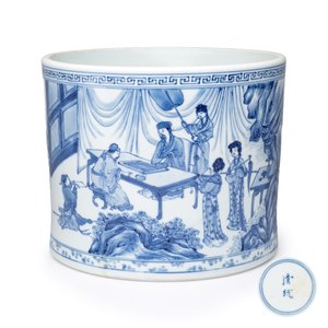 A rare and fine Chinese blue and white 'Xie An at the Battle of the Fei River' brushpot (Bitong) — foto 1
