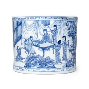 A rare and fine Chinese blue and white 'Xie An at the Battle of the Fei River' brushpot (Bitong) — foto 3