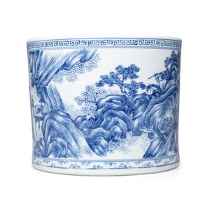 A rare and fine Chinese blue and white 'Xie An at the Battle of the Fei River' brushpot (Bitong) — foto 4