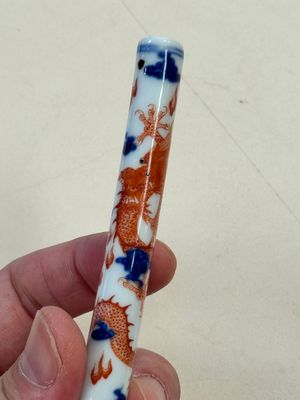 A rare and fine Chinese iron-red, blue and white 'dragon' brush handle and cover, Jiaqing mark and of the period — photo 21