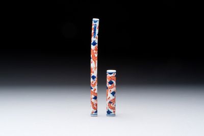 A rare and fine Chinese iron-red, blue and white 'dragon' brush handle and cover, Jiaqing mark and of the period