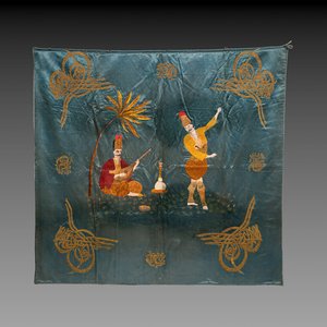 A rare and fine Ottoman oil-painted and embroidered silk panel depicting Basi Bozuic, 18/19th C. — photo 1