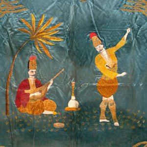 A rare and fine Ottoman oil-painted and embroidered silk panel depicting Basi Bozuic, 18/19th C. — photo 3