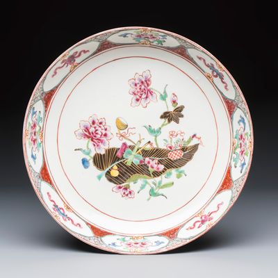 A rare and fine Tournai famille rose-style chinoiserie plate, Tournai, 18th C.