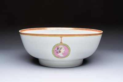 A rare and large Chinese famille rose 'Mythological Subject' punch bowl for the Danish market, Qianlong, ca. 1790