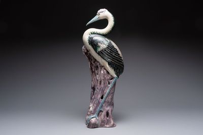 A rare and large Chinese polychrome-glazed crane on a rock, 18/19th C.