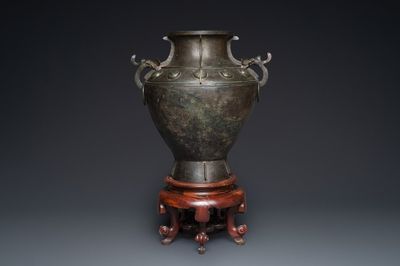 A rare and massive Chinese archaistic bronze 'lei' wine vessel with inscription, Song