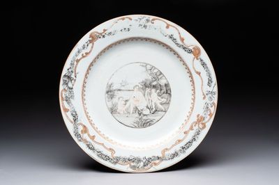 A rare and massive Chinese grisaille and gilt-decorated 'Venus bathing' dish, Qianlong
