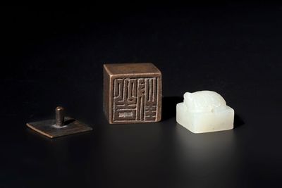 A rare and small Chinese white jade 'tortoise' seal with an original seal-form bronze box, Changsha Taishou 長沙太守 and Feng Gao 封告 mark, Song or ealier