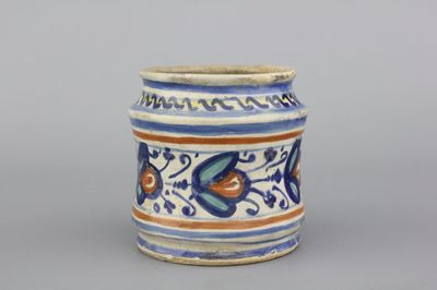 A rare Antwerp maiolica polychrome albarello, 1560-1580