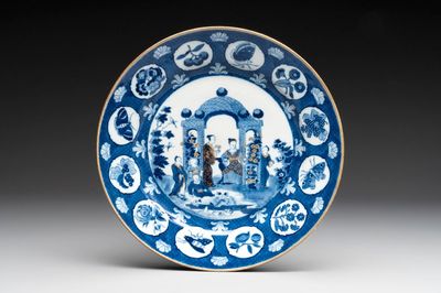 A rare Chinese blue and white 'arbour' dish after Cornelis Pronk, Qianlong, ca. 1740