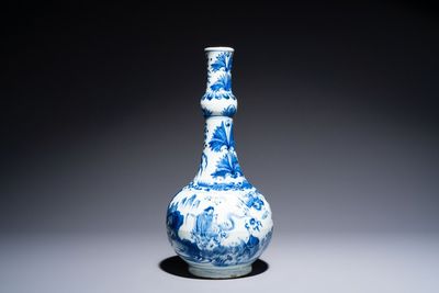 A rare Chinese blue and white bottle vase with narrative design, Transitional period