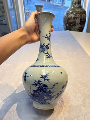 A rare Chinese blue and white 'Cat and Butterfly 耄耋' bottle vase, Transitional period — photo 4