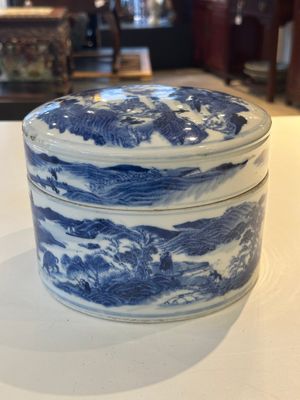 A rare Chinese blue and white cylindrical box and cover for the Thai or Vietnamese market, Jin Tang Fa Ji 錦堂發記 mark, Daoguang — photo 4