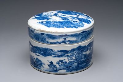 A rare Chinese blue and white cylindrical box and cover for the Thai or Vietnamese market, Jin Tang Fa Ji 錦堂發記 mark, Daoguang