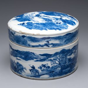 A rare Chinese blue and white cylindrical box and cover for the Thai or Vietnamese market, Jin Tang Fa Ji 錦堂發記 mark, Daoguang — photo 1