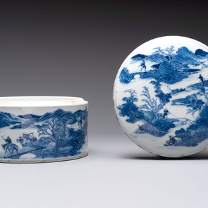 A rare Chinese blue and white cylindrical box and cover for the Thai or Vietnamese market, Jin Tang Fa Ji 錦堂發記 mark, Daoguang — photo 3
