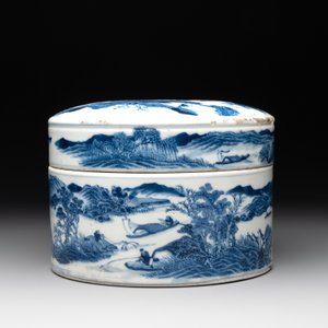 A rare Chinese blue and white cylindrical box and cover for the Thai or Vietnamese market, Jin Tang Fa Ji 錦堂發記 mark, Daoguang — photo 4
