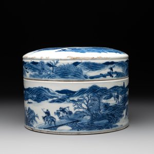 A rare Chinese blue and white cylindrical box and cover for the Thai or Vietnamese market, Jin Tang Fa Ji 錦堂發記 mark, Daoguang — photo 5