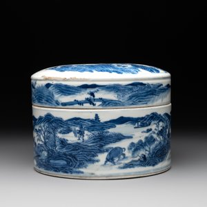 A rare Chinese blue and white cylindrical box and cover for the Thai or Vietnamese market, Jin Tang Fa Ji 錦堂發記 mark, Daoguang — photo 6