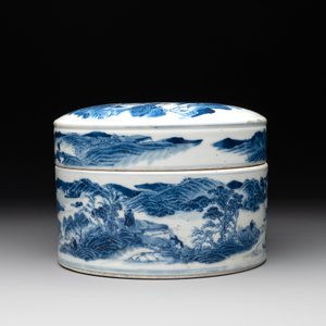 A rare Chinese blue and white cylindrical box and cover for the Thai or Vietnamese market, Jin Tang Fa Ji 錦堂發記 mark, Daoguang — photo 7