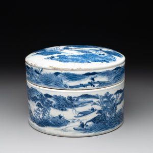 A rare Chinese blue and white cylindrical box and cover for the Thai or Vietnamese market, Jin Tang Fa Ji 錦堂發記 mark, Daoguang — photo 8