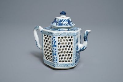 A rare Chinese blue and white double-walled reticulated octagonal teapot, Kangxi
