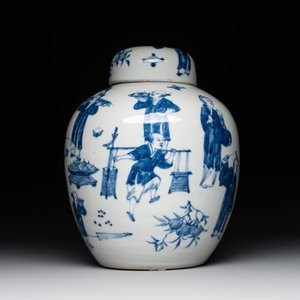 A rare Chinese blue and white 'figures' jar and cover, Kangxi mark, 19th C. — 照片 2