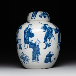 A rare Chinese blue and white 'figures' jar and cover, Kangxi mark, 19th C. — 照片 3
