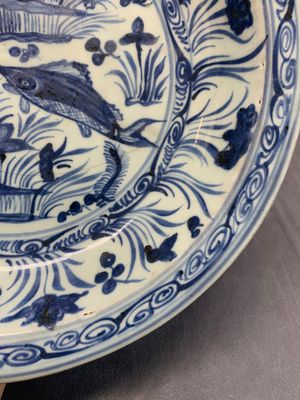 A rare Chinese blue and white 'fish swimming in a lotus pond' dish, Hongzhi/Zhengde — foto 4