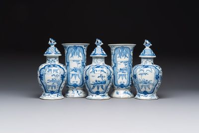 A rare Chinese blue and white five-piece garniture in Dutch Delft style, Kangxi mark, 19th C.