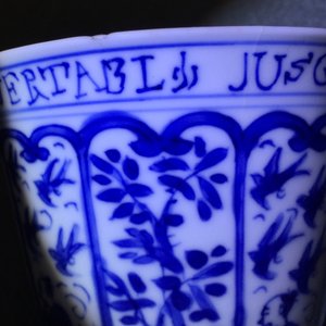 A rare Chinese blue and white Kangxi cup and saucer with French text, Kangxi — 照片 12