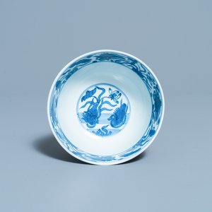 A rare Chinese blue and white 'mandarin ducks' bowl with matte-glazed exterior, Fu mark, Ming — 照片 1