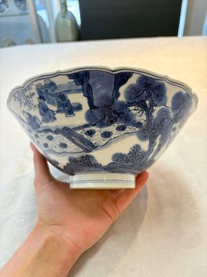 A rare Chinese blue and white 'Seven Sages of the Bamboo Grove' conical bowl, Kangxi mark and of the period — photo 1