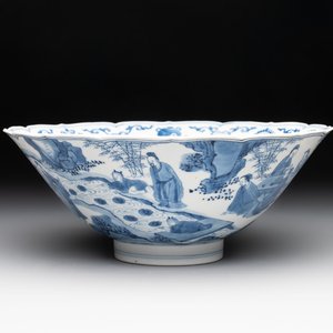 A rare Chinese blue and white 'Seven Sages of the Bamboo Grove' conical bowl, Kangxi mark and of the period — photo 1